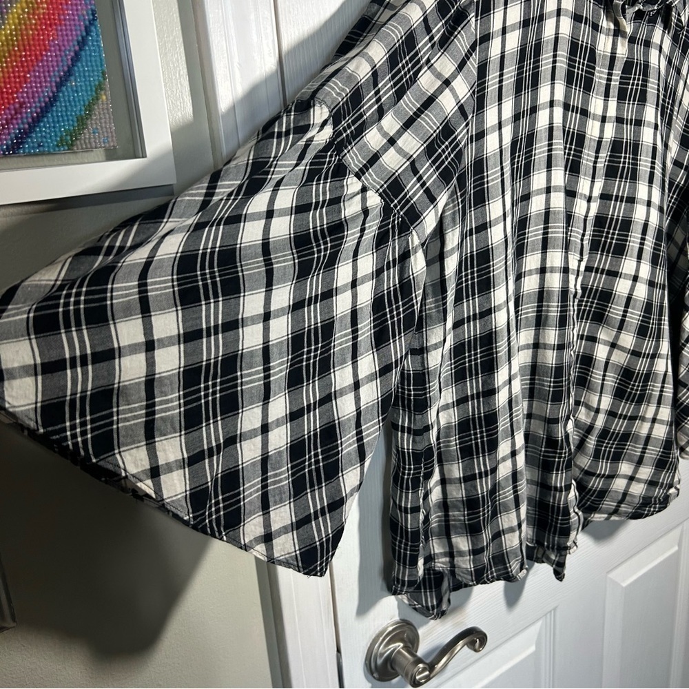 LAUREN RALPH LAUREN LRLPlaid Button Down Shirt Black White Bell Sleeve Large - Picture 5 of 12